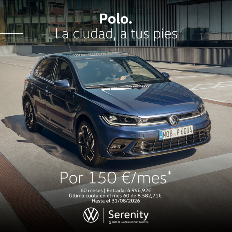 Volkswagen Polo azul, vista lateral izquierda. Texto promoción: Desde 17.600€. Sujeto a financiación con Volkswagen Bank.