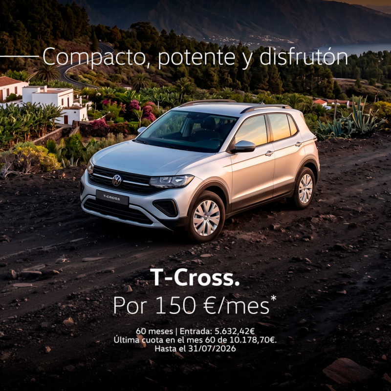T-Cross promoción, color azul, vista lateral derecha. Texto promoción: Desde 18.600€. Sujeto a financiación con Volkswagen Bank.