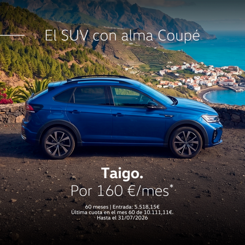 Volkswagen Taigo verde, vista lateral izquierda. Texto promoción: Desde 17.800€. Sujeto a financiación con Volkswagen Bank.