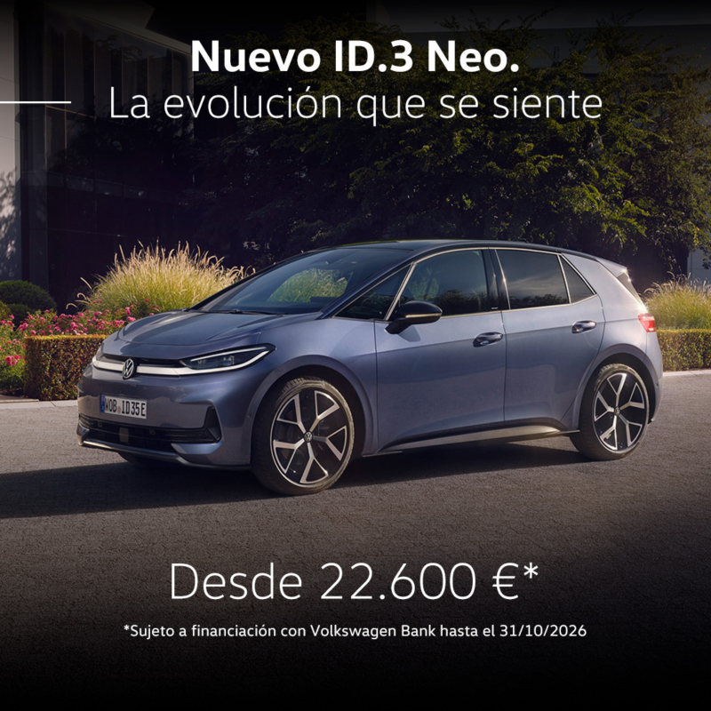 Volkswagen ID. 3 NEO gris azulado vista lateral izquierda. Desde 22.600€.  Sujeto a financiación con Volkswagen Bank hasta el 30/09/2026.