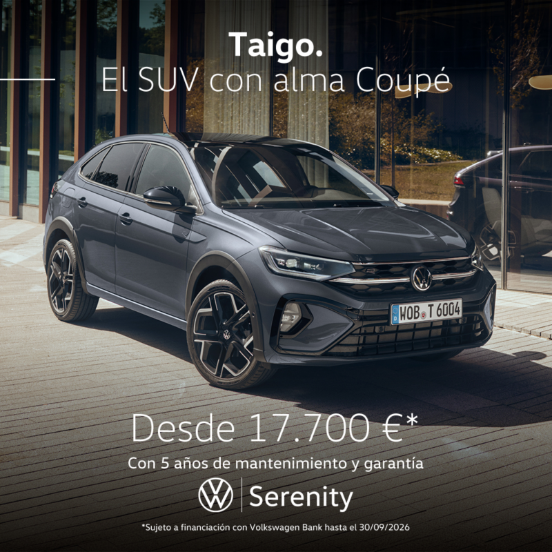 Volkswagen Taigo gris oscuro, vista lateral derecha. Texto promoción: Desde 17.700€. Sujeto a financiación con Volkswagen Bank hasta el 30/09/2026.
