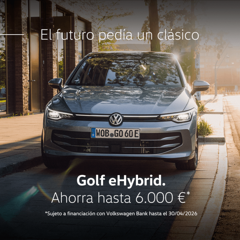 Oferta especial abril Volkswagen Golf, ahorra hasta 6.000€, sujeto a financiación con Volkswagen Bank hasta el 30/04/2026.