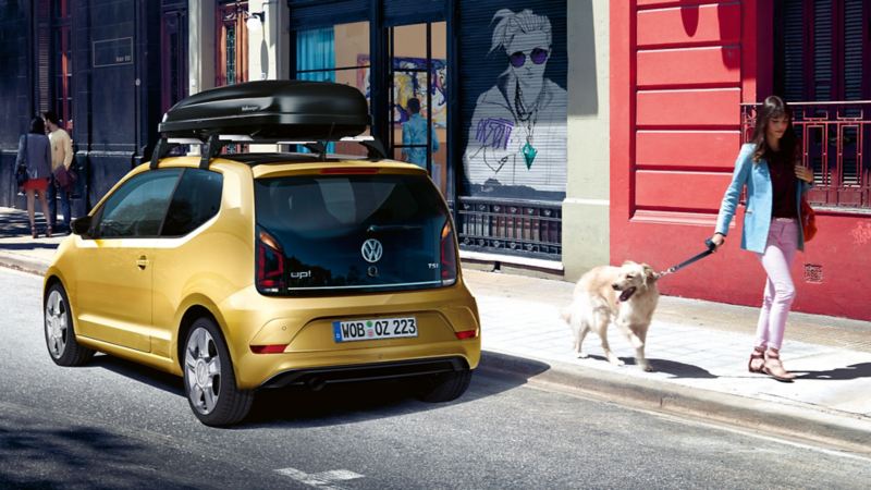 Eine Frau mit einem Hund an der Leine geht hinter einem geparkten VW up! mit Dachbox vorbei.