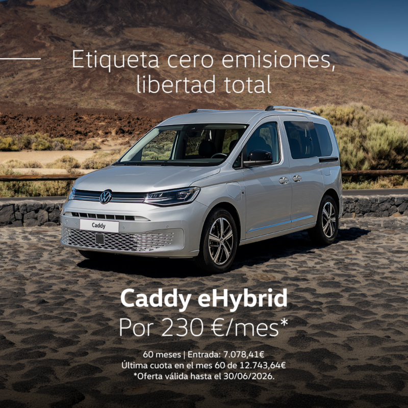 Campaña Always on Caddy eHybrid 2026. Coche gris vista lateral izquierda. Por 230€/mes. 60 meses. Entrada: 7.078,41€. Última cuota en el mes 60 de 12.743,64€. Hasta el 31/05/2026€