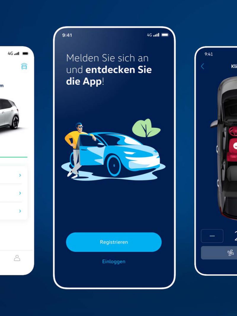 Drei Smartphone Bildschirme mit einem VW ID.3 in der WeConnect Start App aus verschiedenen Ansichten.