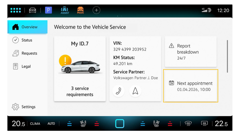 Screen zeigt allgemeine Übersicht in der In-Car App Fahrzeugservice.