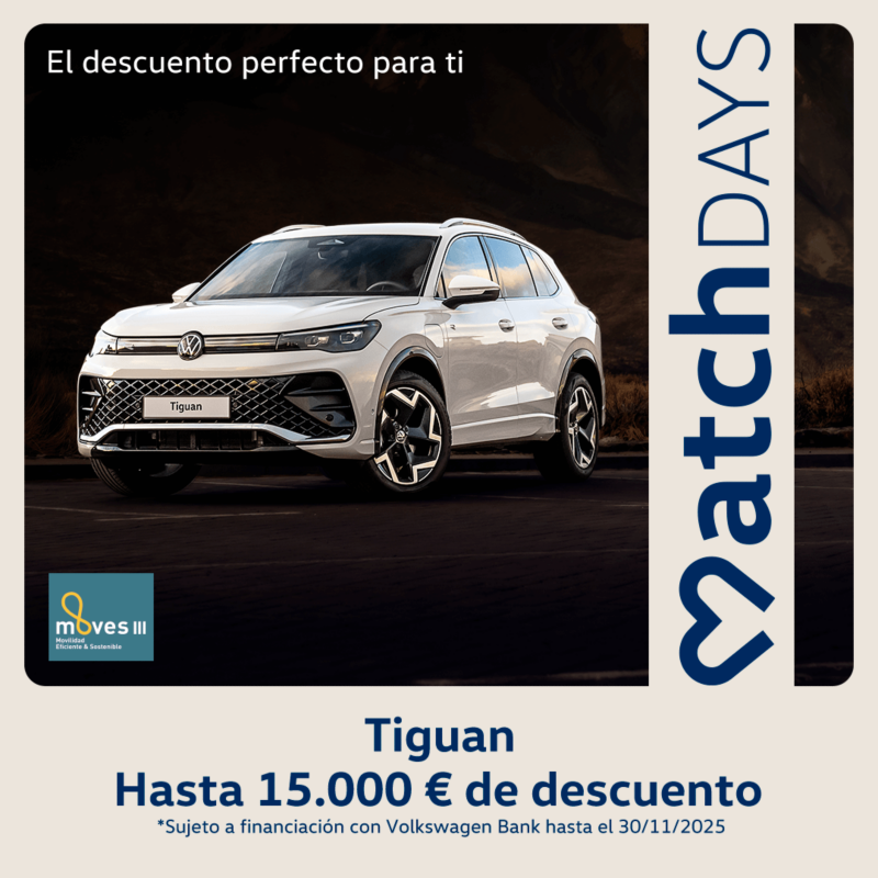 Nuevo tiguan ehybrid color blanco, vista trasera derecha. Texto promoción: En Volkswagen te adelantamos el MOVES. Ahorra hasta 14.500€. Sujeto a financiación con Volkswagen Bank.
