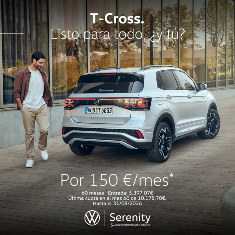T-Cross promoción, color azul, vista lateral derecha. Texto promoción: Desde 18.600€. Sujeto a financiación con Volkswagen Bank.