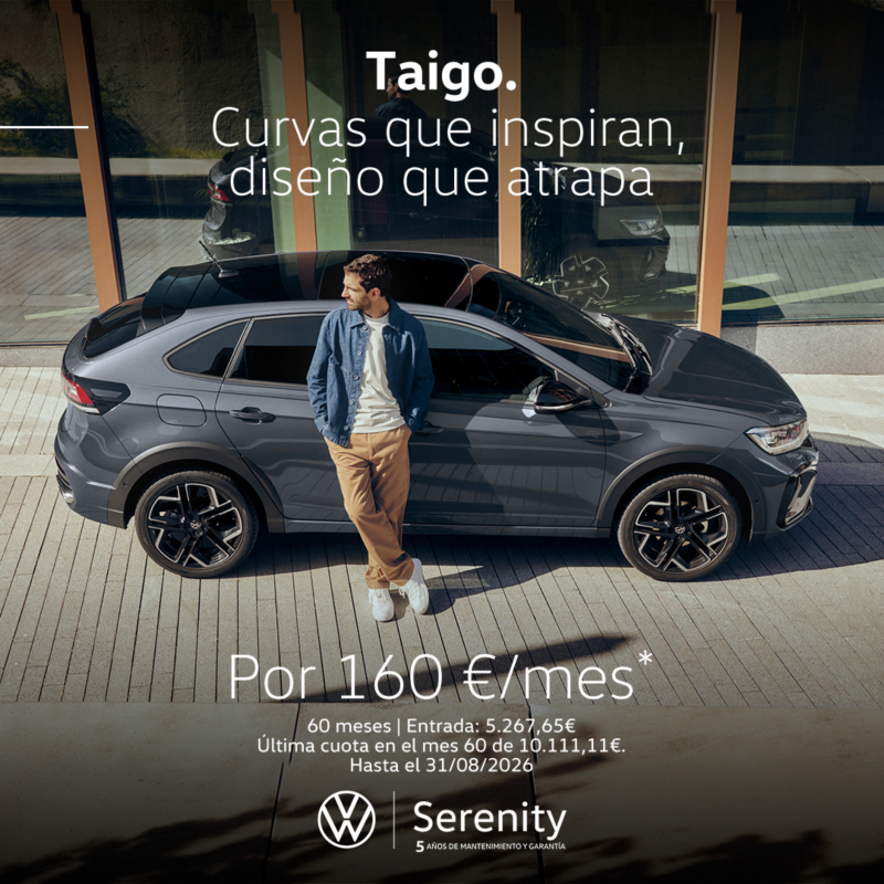 Volkswagen Taigo verde, vista lateral izquierda. Texto promoción: Desde 17.800€. Sujeto a financiación con Volkswagen Bank.