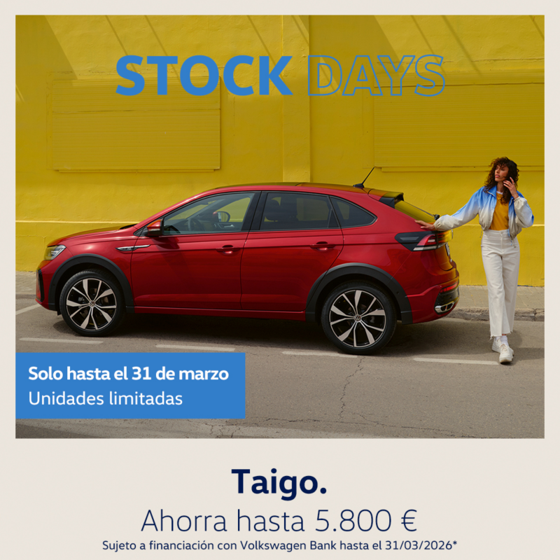 Volkswagen Taigo rojo, vista lateral izquierda. Texto promoción: Ahorra hasta 5.800€. Sujeto a financiación con Volkswagen Bank.