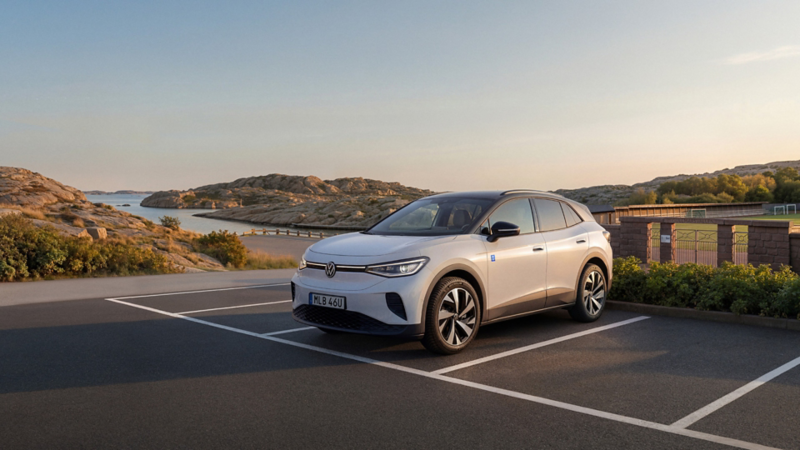 En vit ID.4 står parkerad med havet i bakgrunden