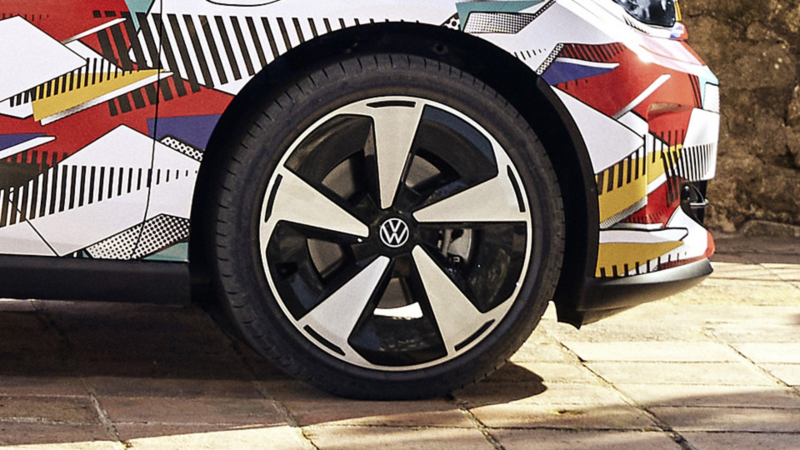 Close-up of the wheel on a VW ID. Polo with concept wrap.