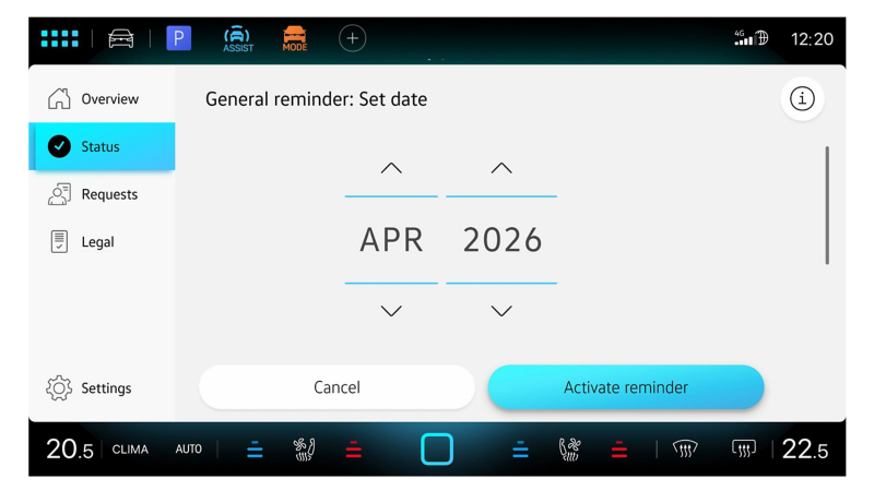 Bildschirm des Infotainment-Systems mit Terminauswahl in der In-Car App Fahrzeugservice.
