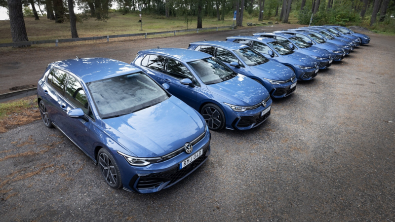 Flera blå Volkswagen Golf står parkerade på rad på en grusad yta i skogsmiljö
