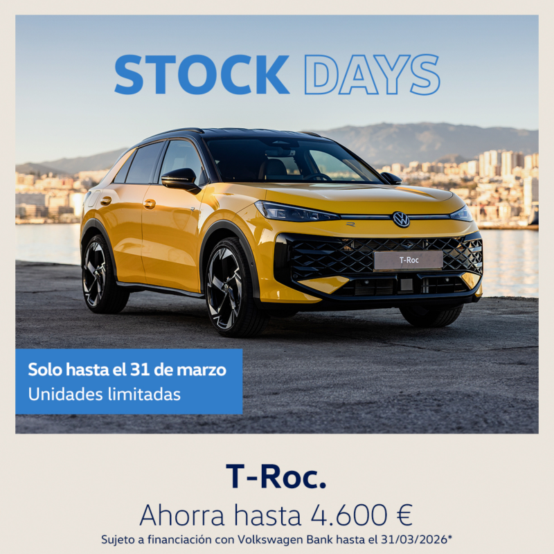 T-Roc promoción, color amarillo, vista lateral derecha. Texto promoción: Ahorra hasta 4.600€. Sujeto a financiación con Volkswagen Bank. Solo hasta el 31 de marzo.