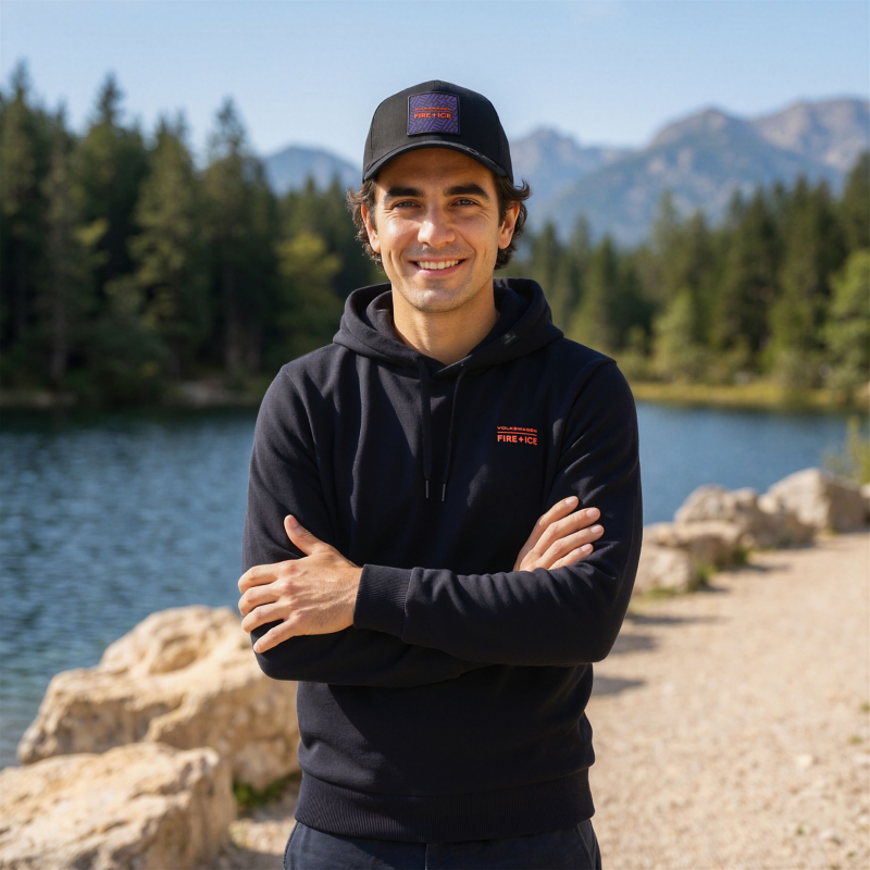 Hombre con gorra y sudadera con capucha de la colección FIRE+ICE, con un lago y una montaña al fondo.