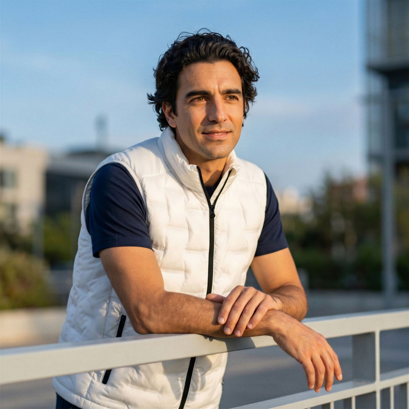 Mann mit weißer ID. Weste lehnt über Geländer und schaut in die Ferne