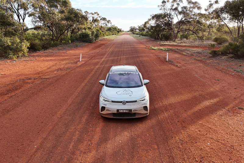 Front ariel view of ID.4 driving through red desert land