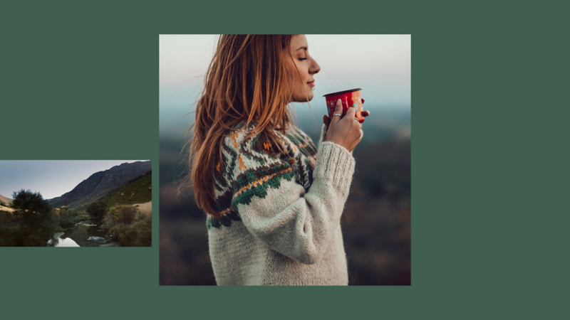 Left: An idyllic green landscape with a river, surrounded by mountains. Right: A young woman with her hair loose and dressed in a warm jumper stands outside, enjoying the aroma of her coffee.