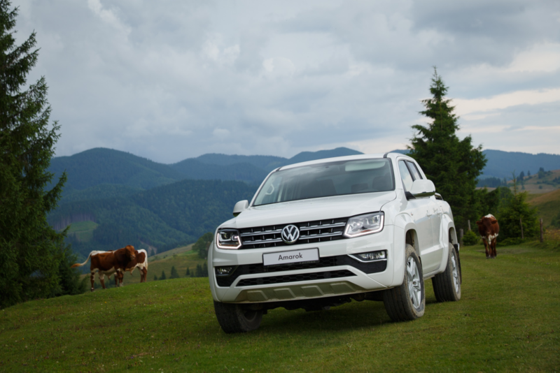 Biały Volkswagen Amarok na tle gór.