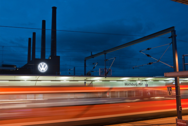 Night view from Wolfsburg main station to the Volkswagen plant