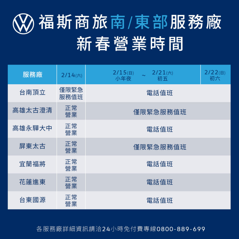 南、東部服務廠新春營業時間