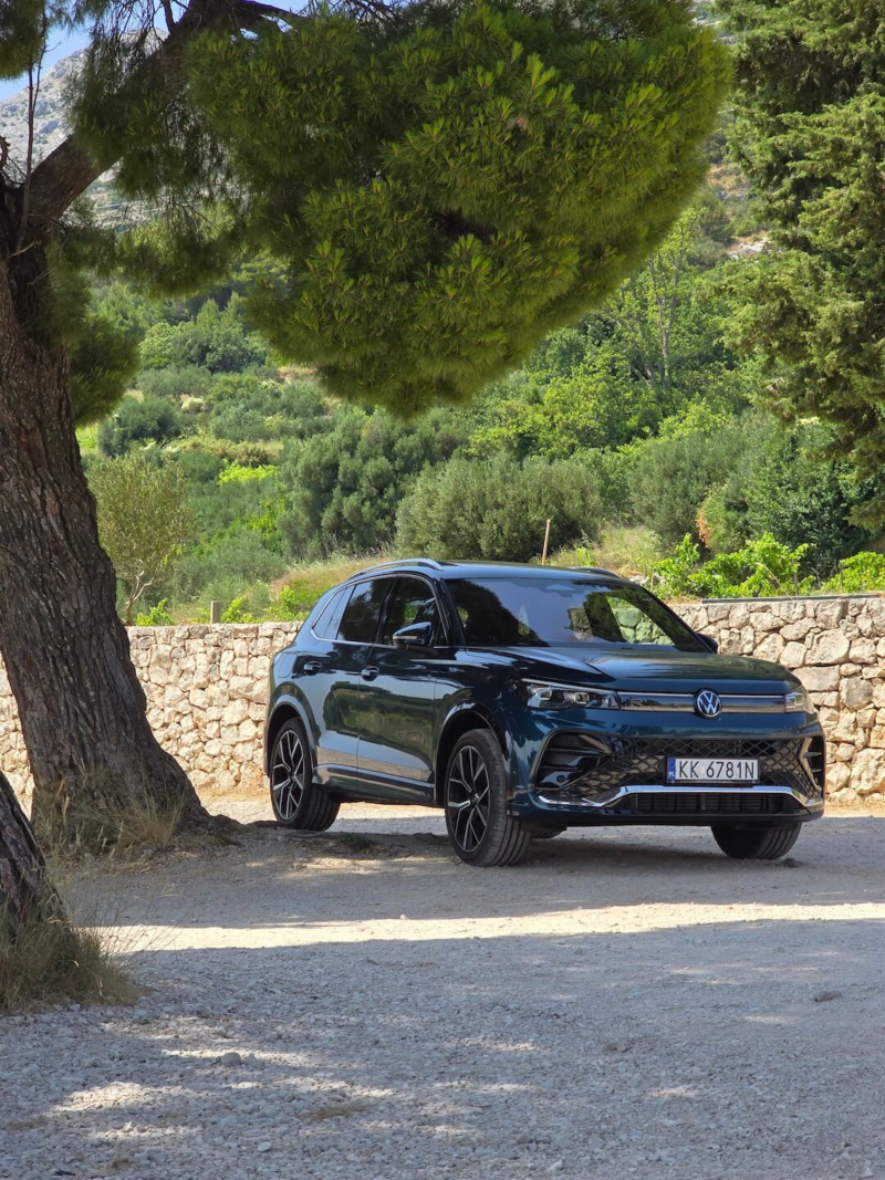 Volkswagen Tayron obok drzewa, w tle kamienny mur i rośliny