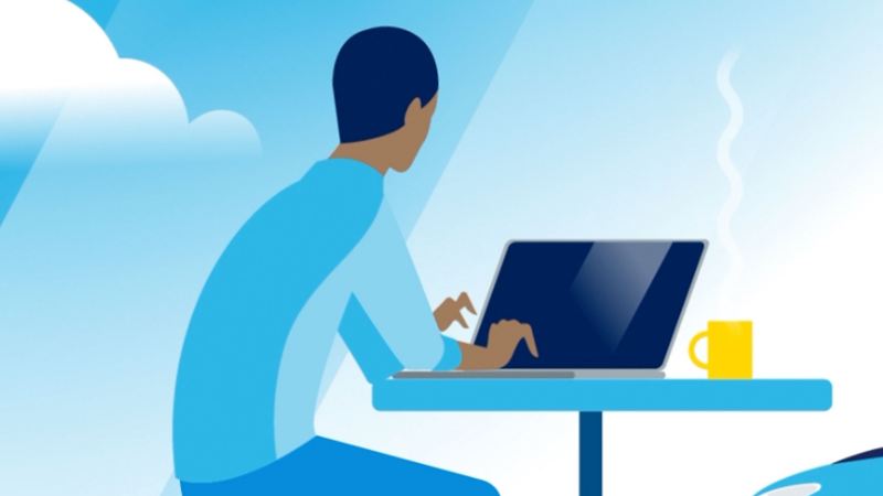Illustration: Ein Mann am Laptop stellt einen Antrag