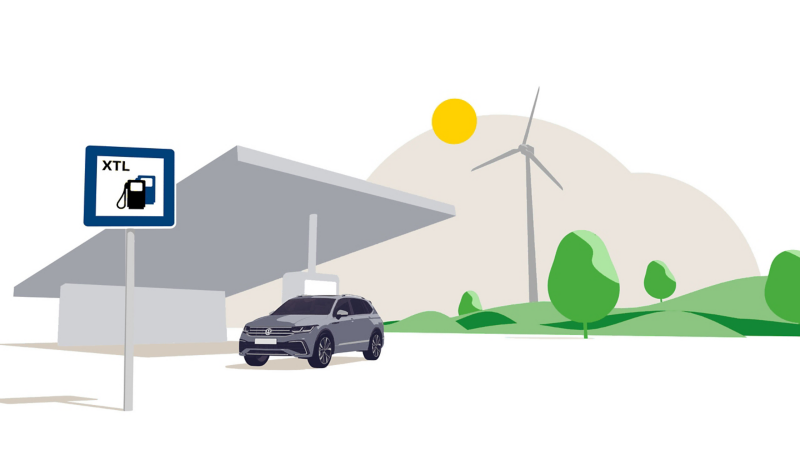 Illustration eines gelben VW Autos an einer Tankstelle, welches paraffinischen Diesel tankt