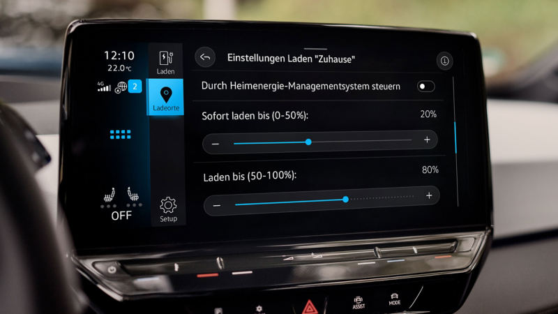 Ladeeinstellungen im Infotainment-System in einem VW ID. Modell
