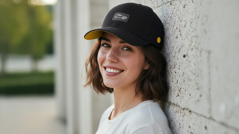 Frau mit schwarzer Cap aus der T-Roc Kollektion lehnt an einer Wand