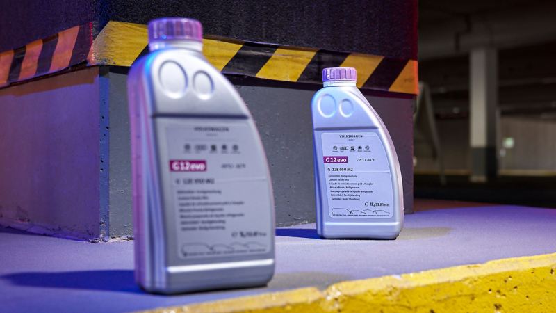A bottle of VW coolant additive G12evo – coolant on board for refills