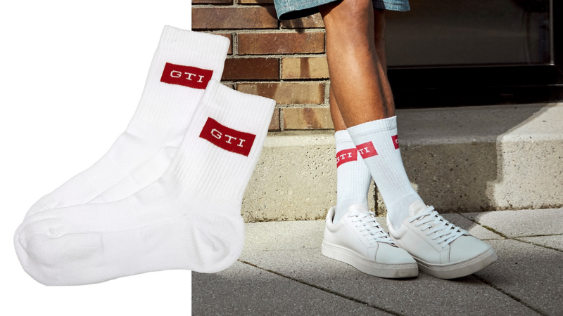 Close-up of GTI tennis socks – VW lifestyle clothing