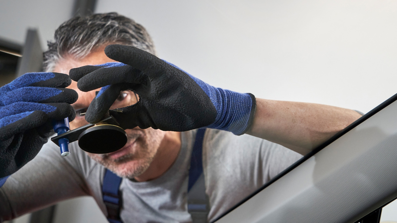 VW Servicemitarbeiter prüft einen Steinschlag in der Frontscheibe eines Volkswagen