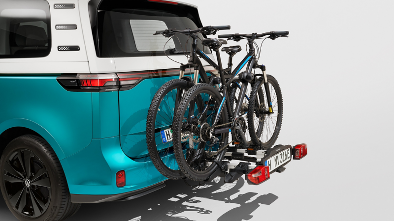 VW ID. Buzz equipped with VW Accessories bicycle carrier, two bicycles being transported