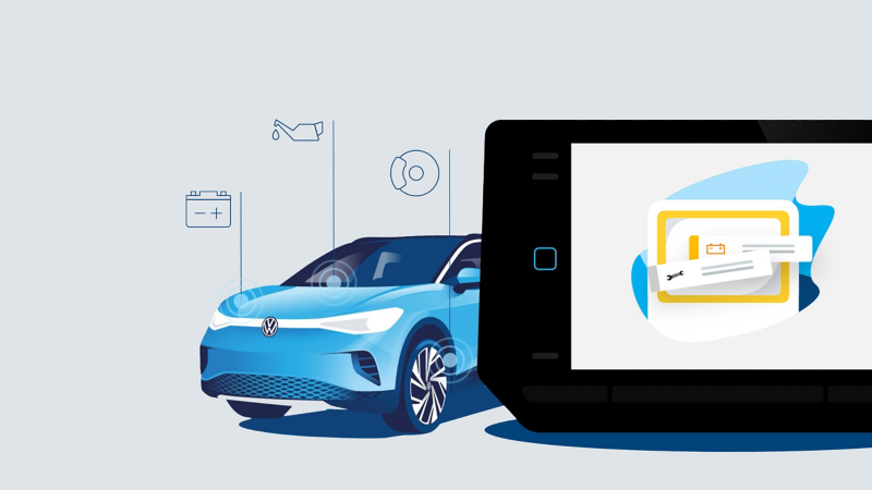 Illustration: VW Auto mit Service-Symbolen hinter einem Tablet mit Predictive Maintenance Service