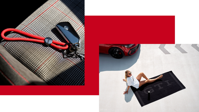 Close-up VW GTI key tag and woman sunbathing on VW GTI bath towel in car park – Volkswagen merchandise