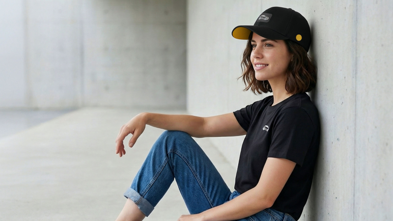 Frau mit schwarzer Cap aus der T-Roc Kollektion lehnt an einer Wand
