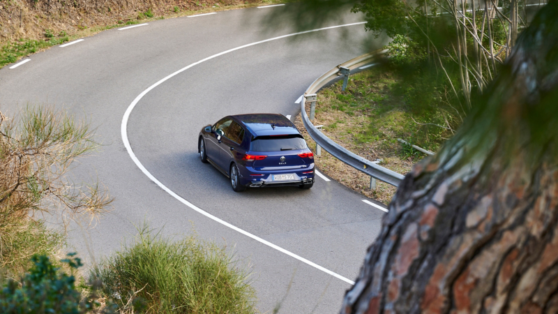 Blauer VW Golf 8 auf einer Straße