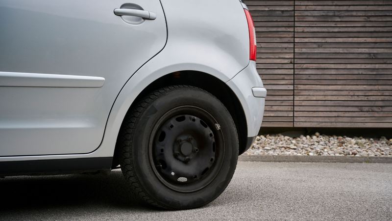 VW Polo 4, focus on rear wheel with steel rim