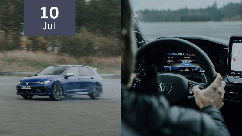 Geteilter Bildschirm, links VW Golf R beim Driften, rechts Blick aufs Lenkrad und Cockpit eines VW Autos
