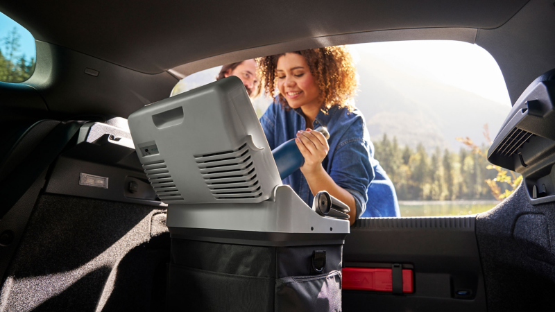 Une femme dépose une bouteille dans la glacière issue des Accessoires VW – accessoires pour les modèles précédents