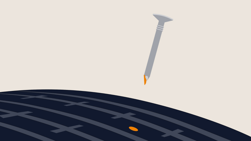 Ilustración: Un clavo sale de un pinchazo en un neumático, una masa viscosa cierra el agujero - Tecnología de neumáticos VW AirStop®