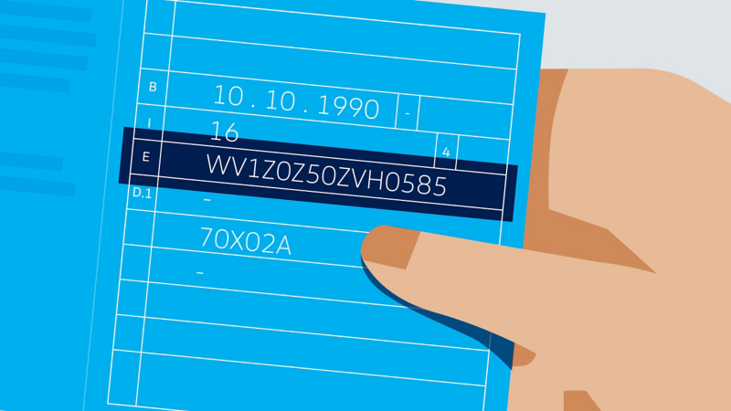 Visualisation of VW VIN number in Part I of the registration certificate, formerly known as the vehicle registration document 