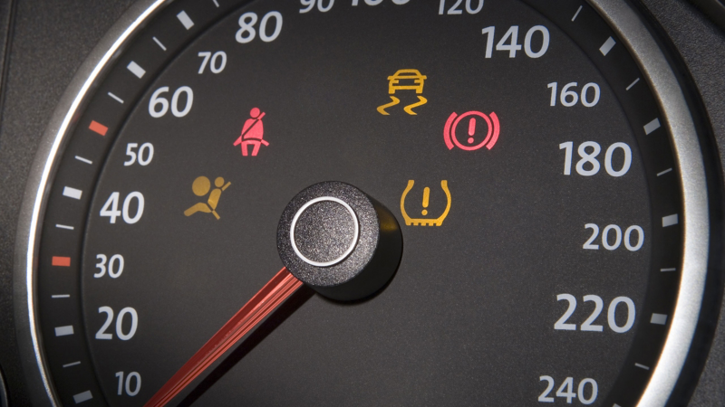 Gros plan d’un compteur Volkswagen avec voyants de pression des pneus et du moteur allumés. 