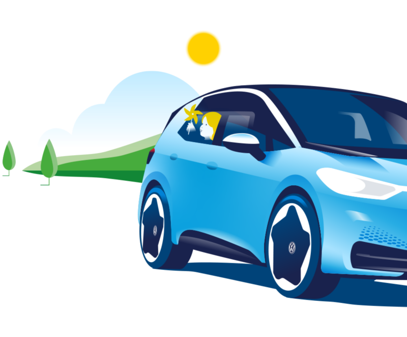 Illustration: Ein Kind schaut hinten aus dem Fenster eines VW ID.3.
