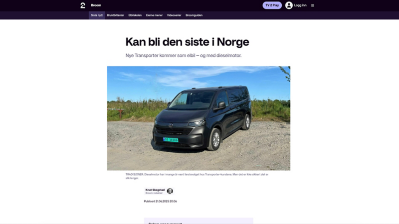 skjermbilde fra broom.no og prøvekjøring av vw transporter 4motion varebil