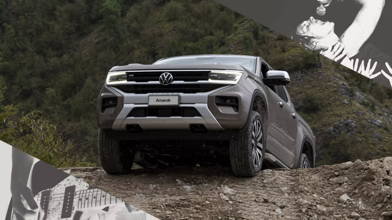 Vista dal basso della parte anteriore del pick-up Nuovo Amarok di Volkwagen, in cima a una scarpata.