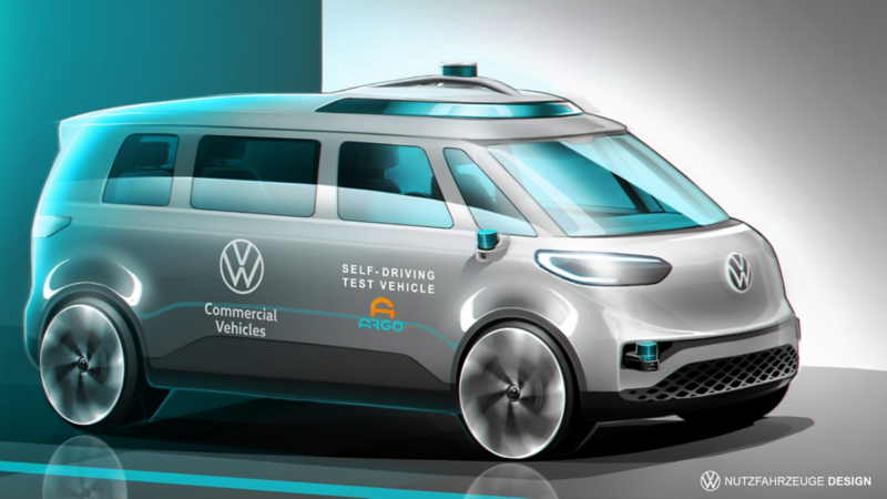 Vista laterale di un modellino di ID. Buzz Volkswagen, il primo van completamente elettrico.