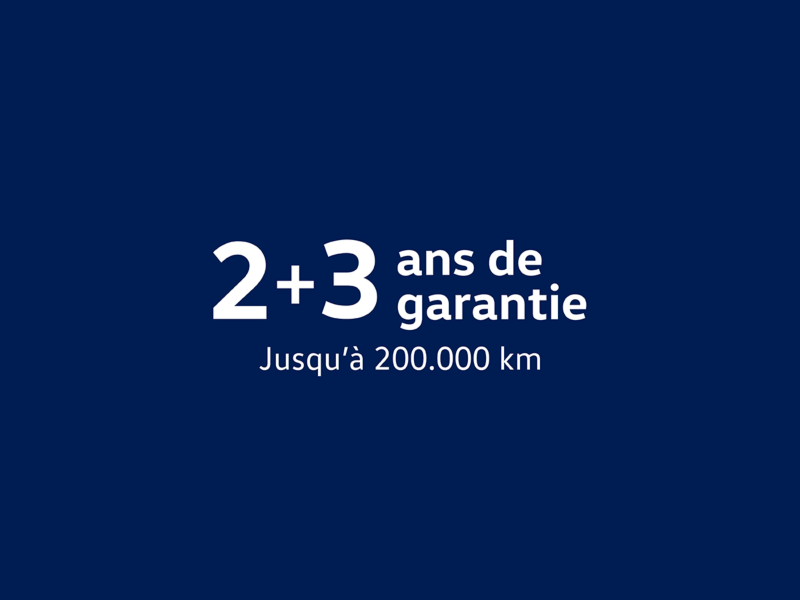 Texte blanc sur fond bleu foncé indiquant "2+3 ans de garantie" et "Jusqu'à 200.000 km".